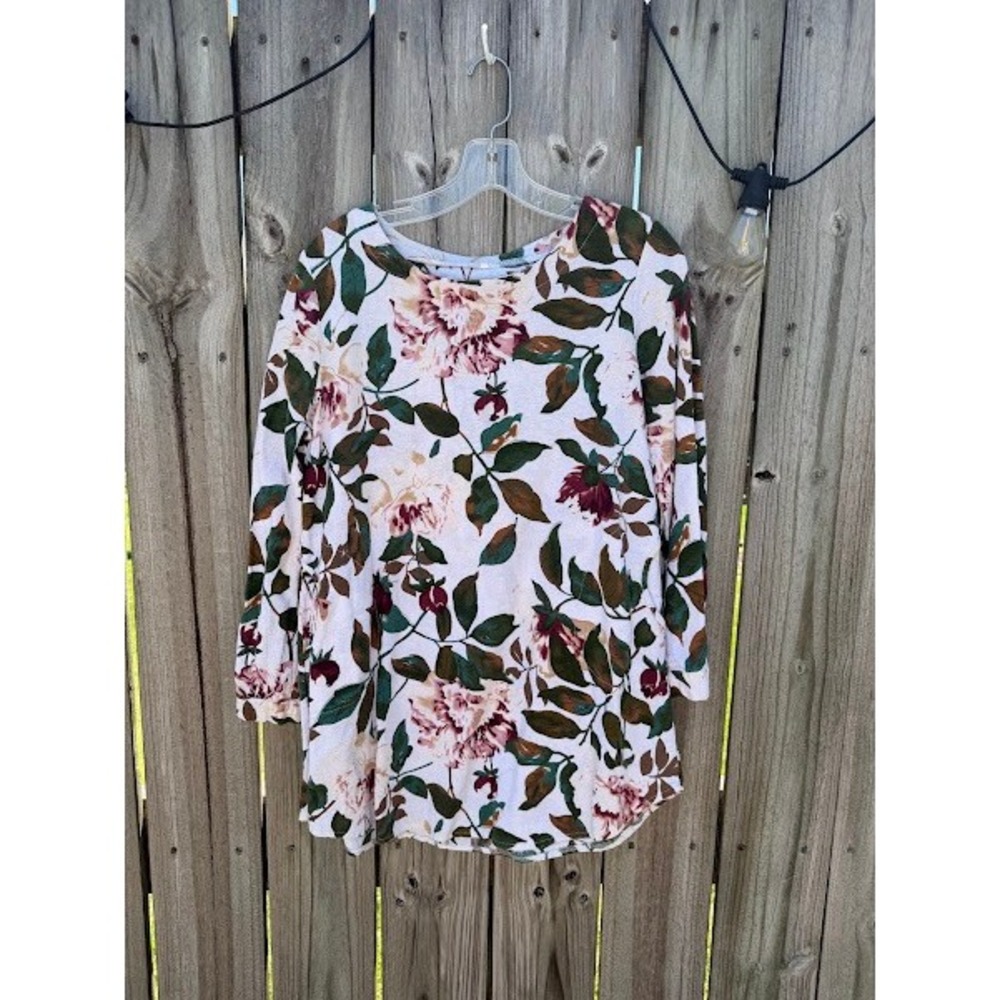Womens Floral Tunic Top Cream Pink Green Long Sleeve Pocketed Swing Blouse